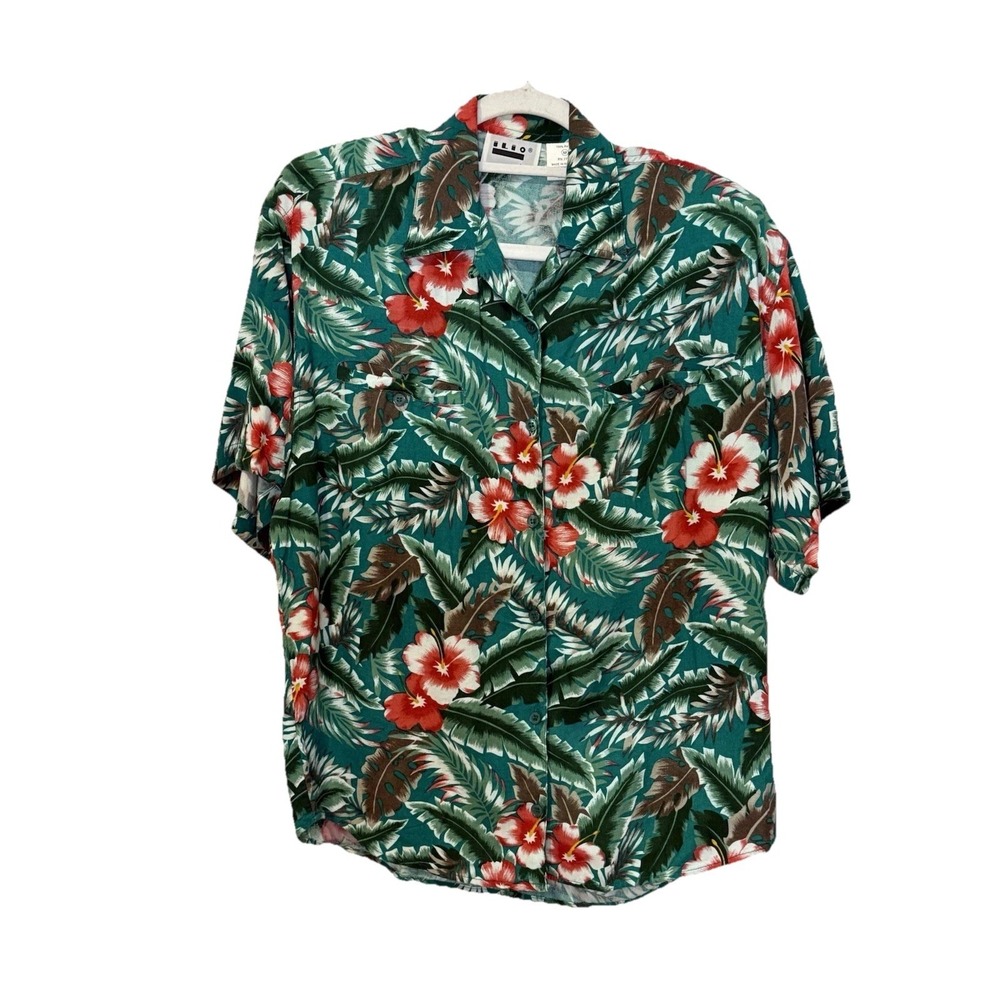 Vintage 90s Ilio Women's Button Up Floral Hawaiian Tropical Shirt Top Sz MED
